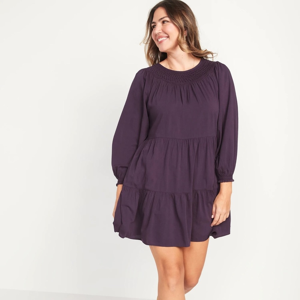 Old Navy Long-Sleeve Tiered Smocked Embroidered Mini Swing Dress | Size M